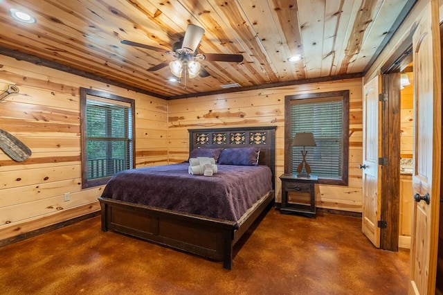 bedroom with wooden ceiling, ceiling fan, and wooden walls