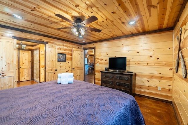 bedroom with wood walls, ceiling fan, wooden ceiling, and dark carpet