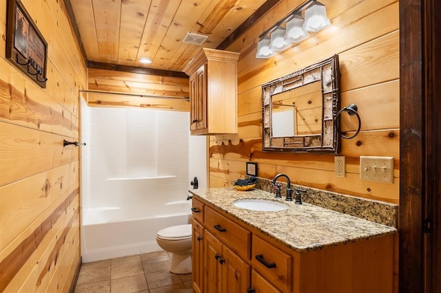 full bathroom featuring tile patterned floors, wood walls, toilet, and wooden ceiling