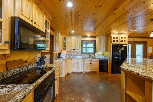 143 Honey Crisp Ln, Broken Bow, OK 74728 - kitchen featuring black appliances, wood ceiling, finished concrete floors, a sink, and light stone counters