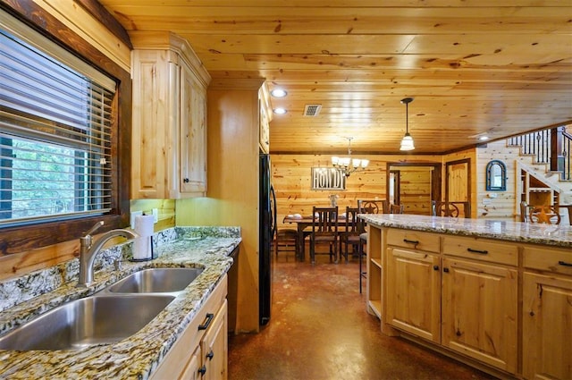 143 Honey Crisp Ln, Broken Bow, OK 74728 - kitchen featuring a sink, concrete flooring, wooden ceiling, a chandelier, and freestanding refrigerator