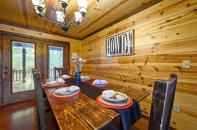 143 Honey Crisp Ln, Broken Bow, OK 74728 - dining area featuring wooden walls, a chandelier, and wood ceiling