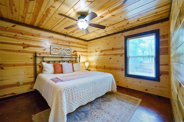 143 Honey Crisp Ln, Broken Bow, OK 74728 - bedroom with wood ceiling, wood walls, and a ceiling fan