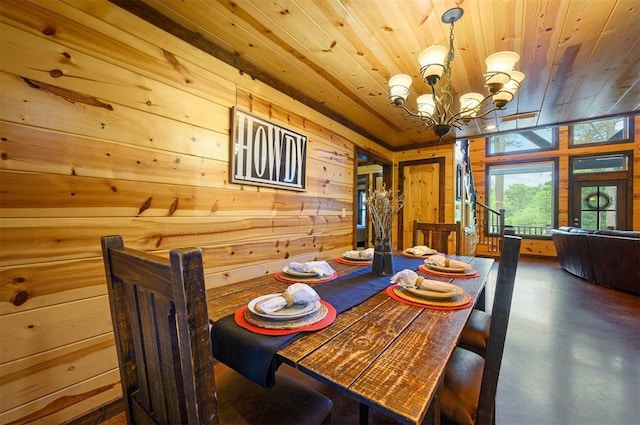 143 Honey Crisp Ln, Broken Bow, OK 74728 - dining space with a chandelier, finished concrete floors, wood ceiling, and wood walls