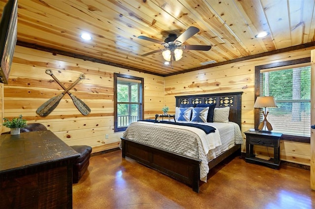 143 Honey Crisp Ln, Broken Bow, OK 74728 - bedroom with concrete floors, wooden ceiling, recessed lighting, wood walls, and a ceiling fan