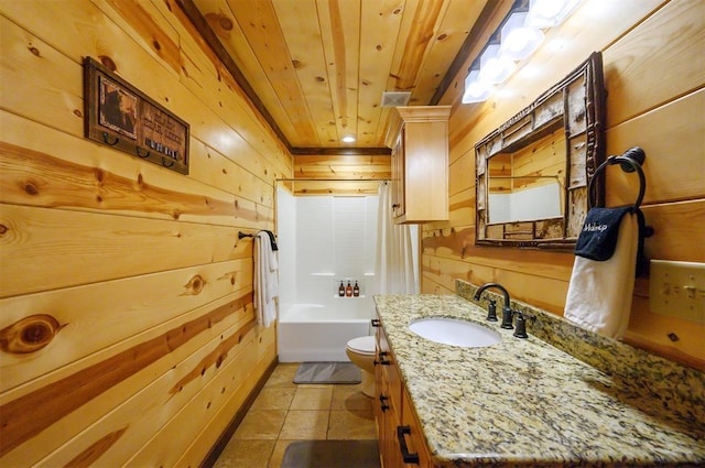 143 Honey Crisp Ln, Broken Bow, OK 74728 - bathroom featuring wood walls, vanity, wooden ceiling, toilet, and tile patterned floors
