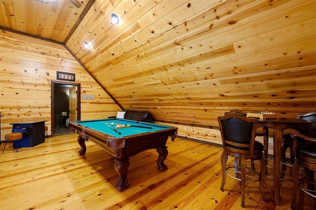 143 Honey Crisp Ln, Broken Bow, OK 74728 - recreation room with wooden ceiling, lofted ceiling, billiards table, wooden walls, and light wood finished floors