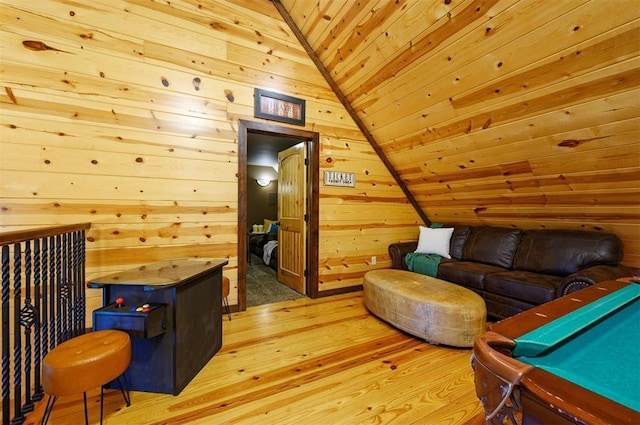 143 Honey Crisp Ln, Broken Bow, OK 74728 - bonus room featuring light wood-style flooring, wood walls, pool table, vaulted ceiling, and wood ceiling