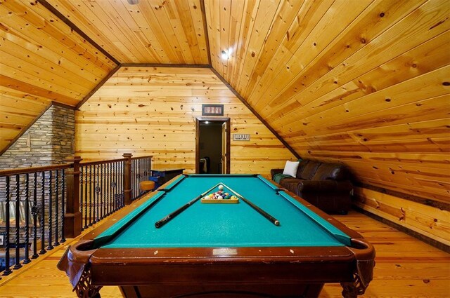 143 Honey Crisp Ln, Broken Bow, OK 74728 - rec room featuring wood ceiling, vaulted ceiling, wood walls, billiards table, and hardwood / wood-style flooring