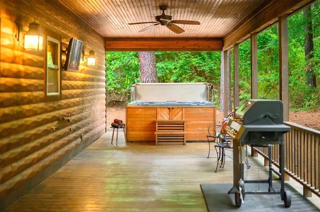 143 Honey Crisp Ln, Broken Bow, OK 74728 - wooden deck featuring a hot tub, ceiling fan, and grilling area