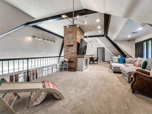 carpeted living room with vaulted ceiling with beams, a textured ceiling, and an inviting chandelier