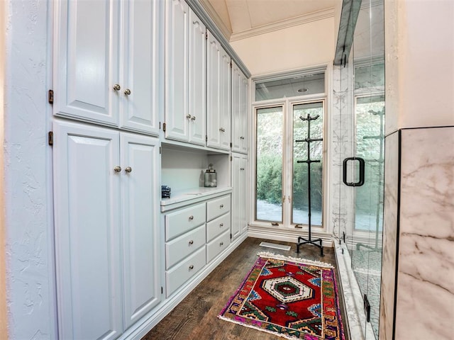 interior space featuring dark hardwood / wood-style floors and ornamental molding