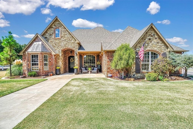 tudor home with a front lawn