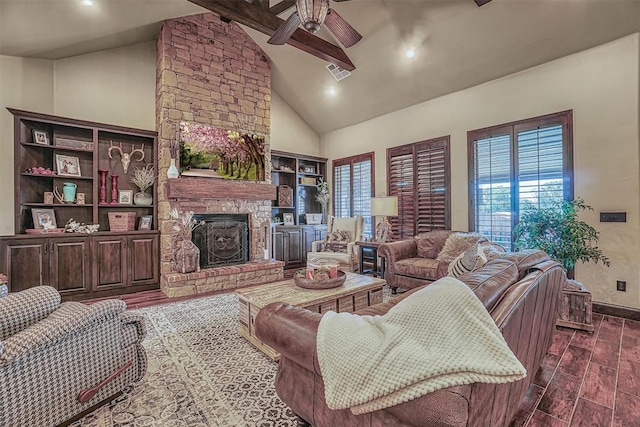 living room with a fireplace, dark hardwood / wood-style floors, high vaulted ceiling, and ceiling fan