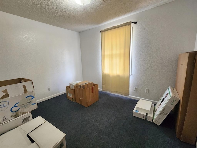 miscellaneous room with dark carpet and a textured ceiling