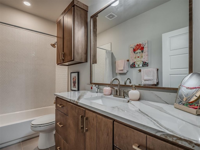 full bathroom with toilet, vanity, tile patterned floors, and shower / bathtub combination with curtain