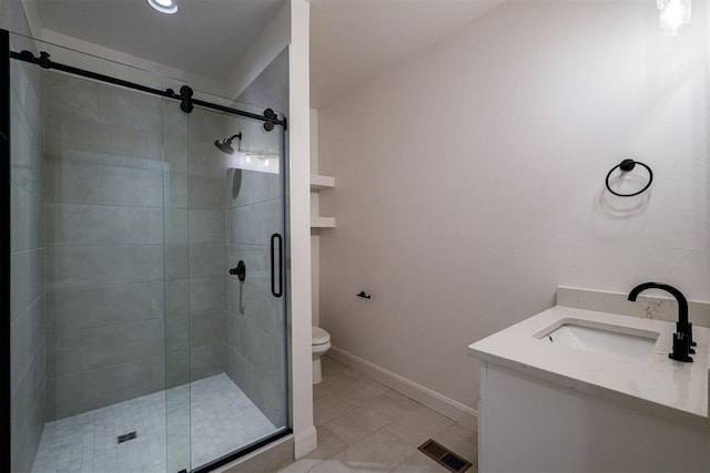 bathroom featuring visible vents, toilet, a stall shower, vanity, and baseboards