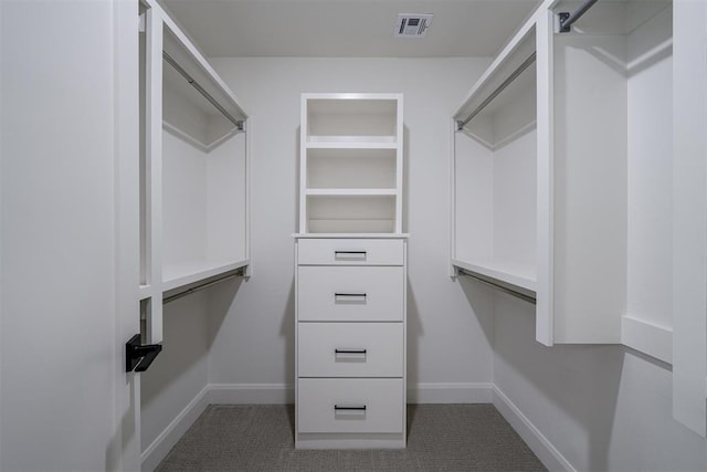 spacious closet featuring visible vents and carpet flooring