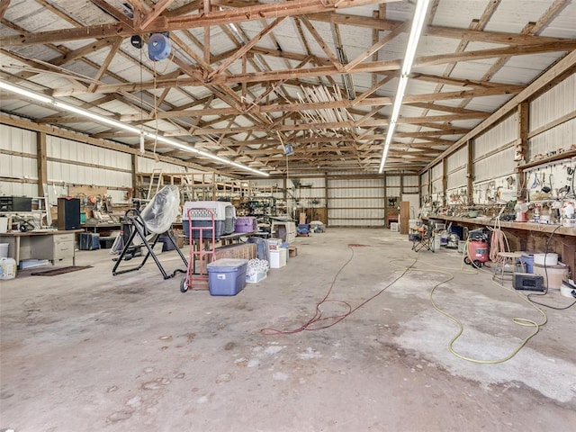 garage with a workshop area