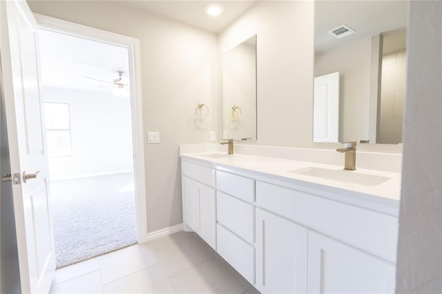 bathroom with vanity, tile patterned floors, and ceiling fan