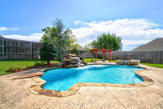 view of pool with a pergola, pool water feature, and an in ground hot tub