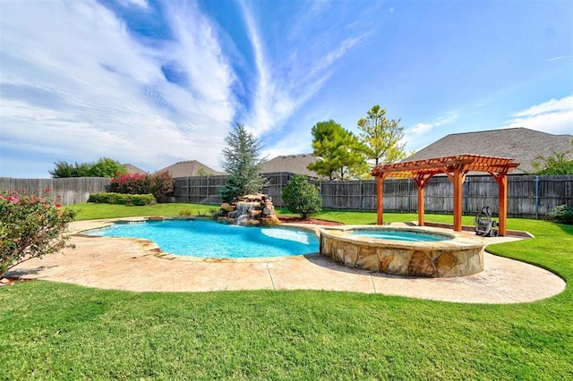 view of pool featuring a lawn, a fenced backyard, a pool with connected hot tub, and a pergola