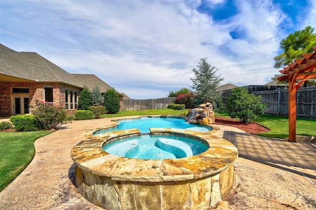 view of swimming pool featuring a patio area, a fenced backyard, french doors, and an in ground hot tub