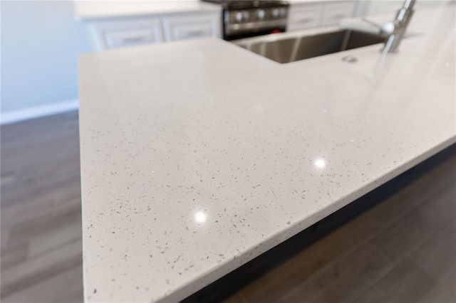 details featuring stove, white cabinetry, and sink