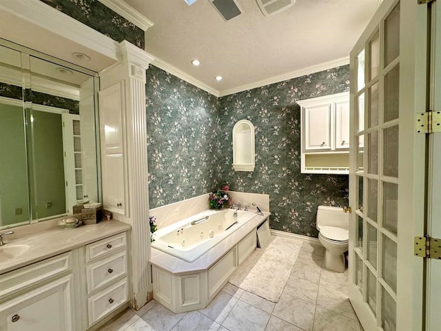 bathroom featuring a bath, vanity, toilet, and ornamental molding