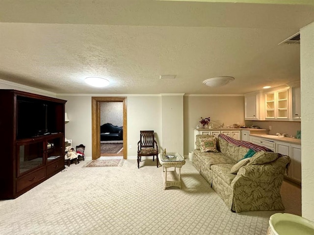 living room featuring crown molding, light colored carpet, and a textured ceiling