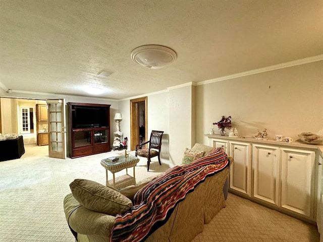 living room featuring a textured ceiling, light colored carpet, and crown molding