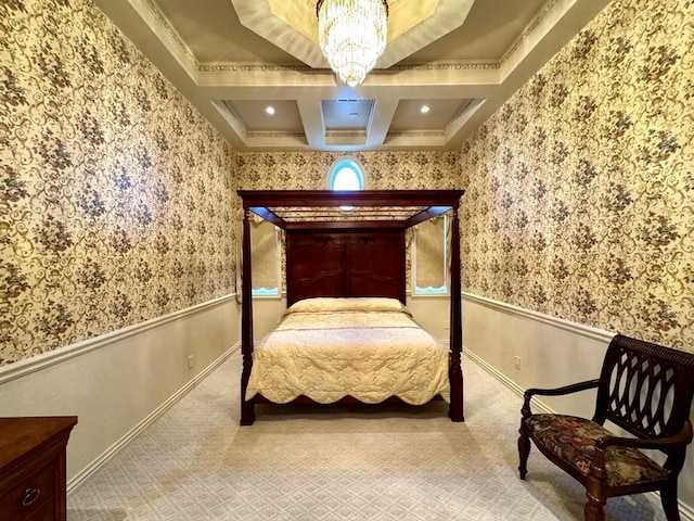 bedroom with beamed ceiling, a chandelier, coffered ceiling, and ornamental molding