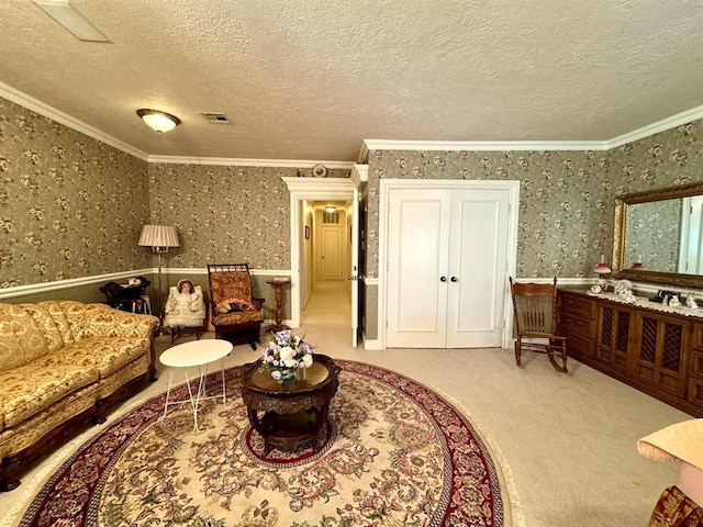 living room featuring light colored carpet, a textured ceiling, and ornamental molding