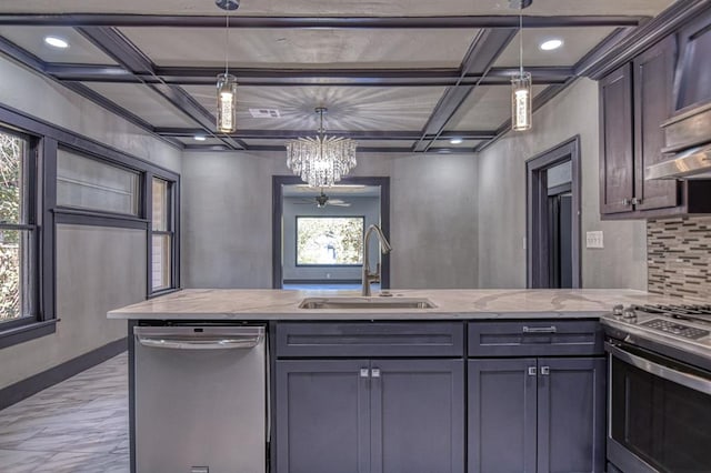 kitchen featuring pendant lighting, a wealth of natural light, sink, and appliances with stainless steel finishes