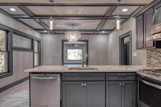 kitchen featuring sink, a healthy amount of sunlight, decorative light fixtures, and appliances with stainless steel finishes