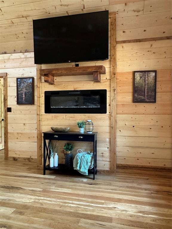 interior space featuring wood walls and hardwood / wood-style floors