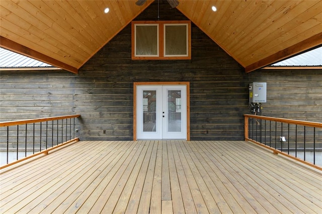 wooden terrace with french doors and water heater