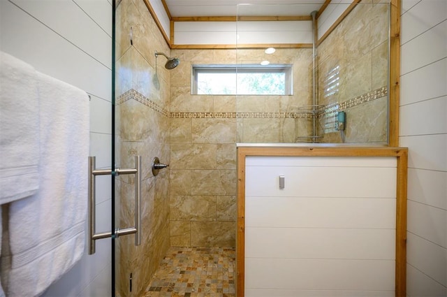 bathroom featuring a shower with shower door