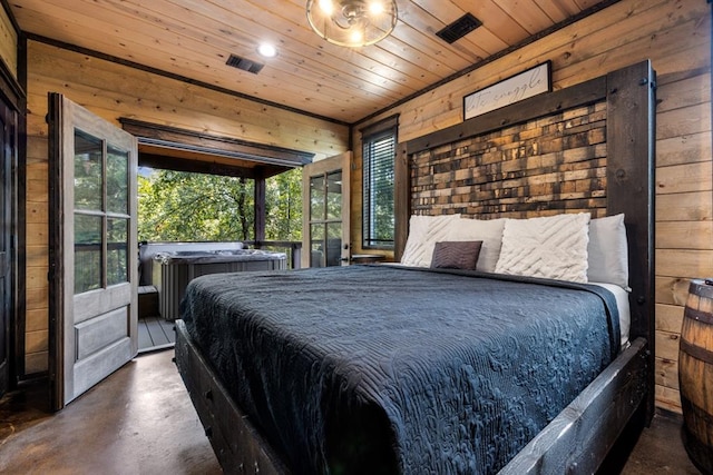 bedroom featuring wood walls and wood ceiling