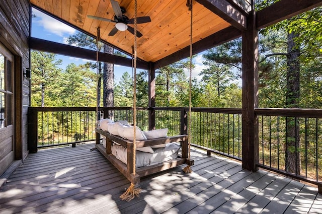 sunroom featuring ceiling fan, plenty of natural light, wooden ceiling, and lofted ceiling