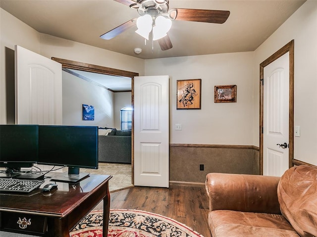 office area with ceiling fan and wood-type flooring