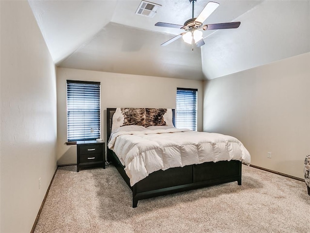 bedroom featuring carpet flooring, ceiling fan, and vaulted ceiling