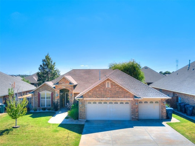 view of front of property with a front yard and a garage