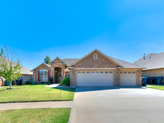 ranch-style home with a front lawn and a garage