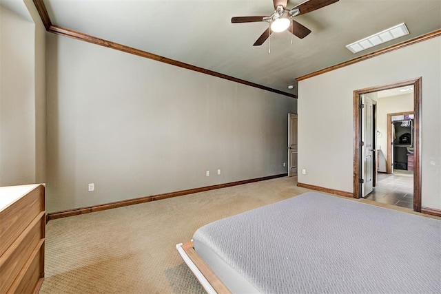 unfurnished bedroom with ceiling fan, light colored carpet, and ornamental molding