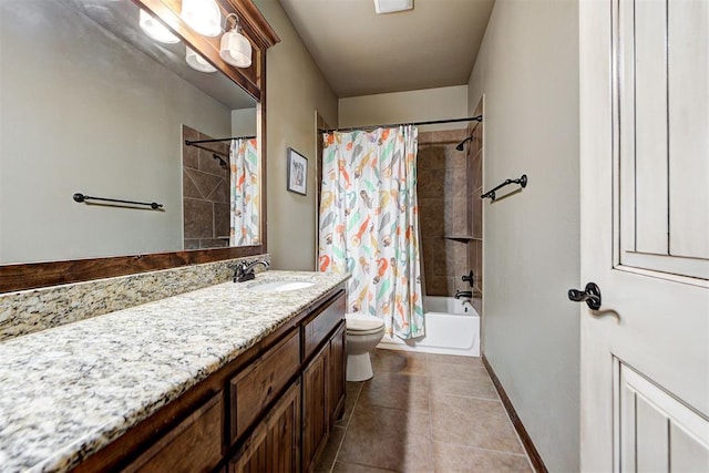 full bathroom featuring tile patterned floors, vanity, shower / tub combo, and toilet