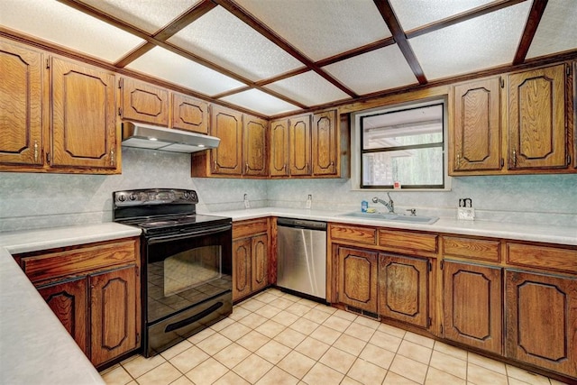 kitchen featuring sink, black electric range oven, stainless steel dishwasher, and a textured ceiling