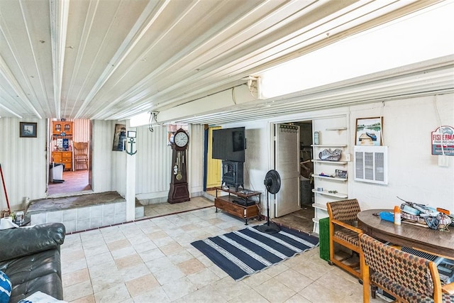 interior space with a wood stove