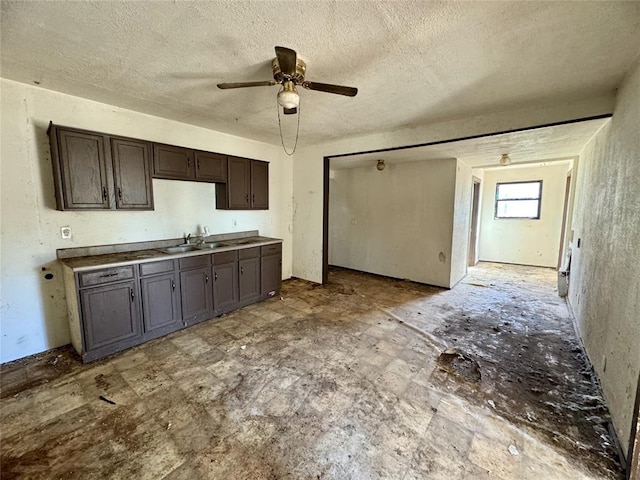 kitchen with dark brown cabinets, a textured ceiling, ceiling fan, and sink