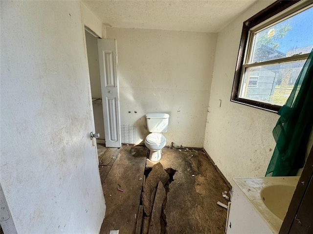 bathroom with vanity, toilet, and a textured ceiling